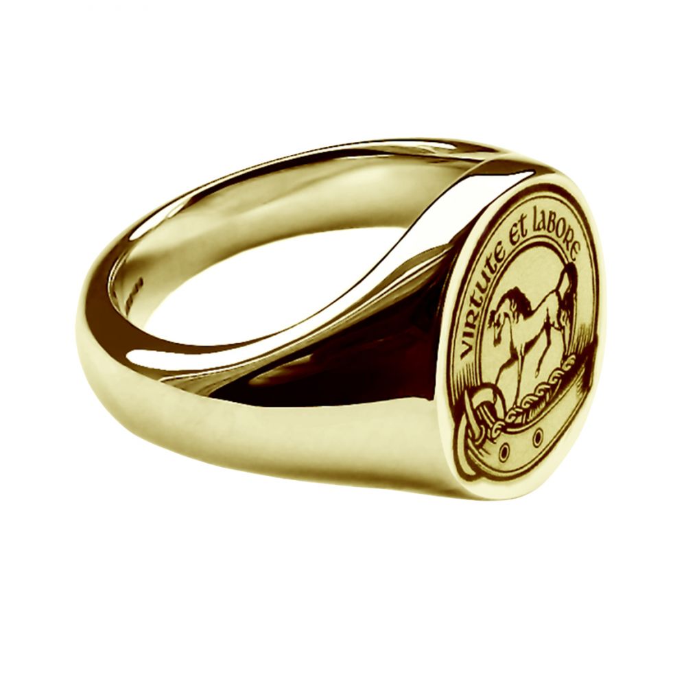 9ct Yellow Gold Laser Engraved Oval Family Crest Signet Rings 13x11mm