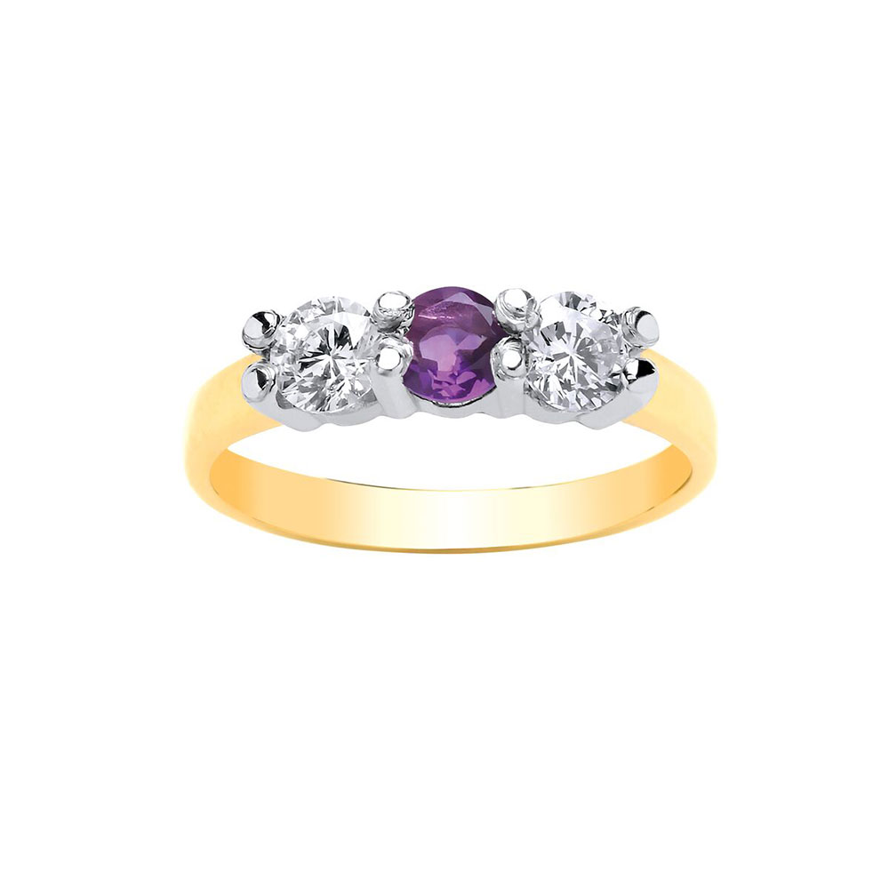 9ct Yellow Gold 5mm Real Amethyst / CZ Dress Ring