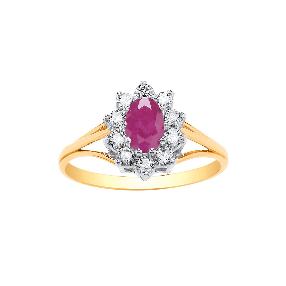 9ct Yellow Gold 12mm Real Ruby / CZ Dress Ring