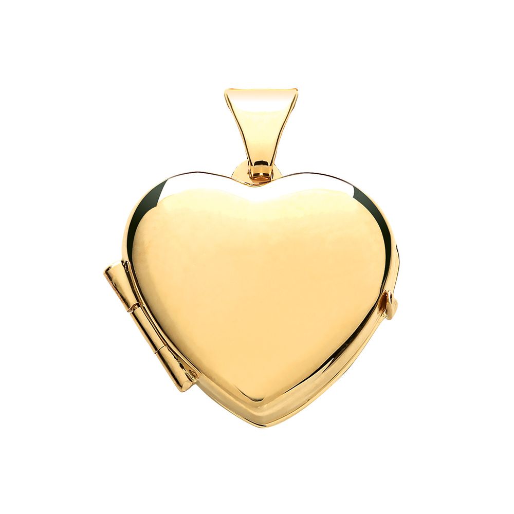 9ct Gold Plain Heart Locket 16 x 20mm & Optional Diamond Cut Fine Hanging Belcher Chain