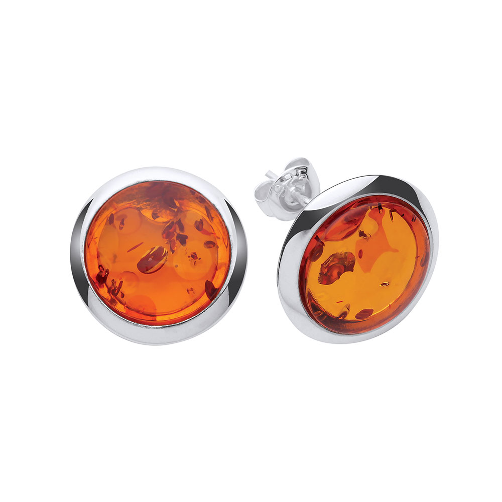 925 Sterling Silver Real Amber 16mm Oval Stud Earrings