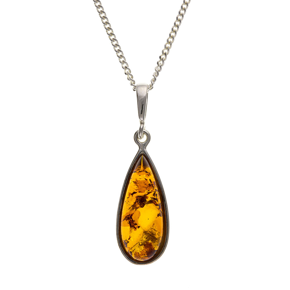 925 Sterling Silver Real Amber 35mm Pendant with Chain