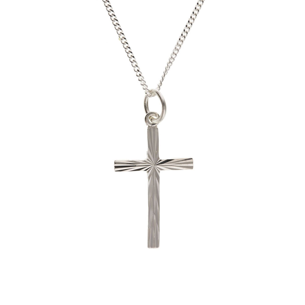 925 Sterling Silver Diamond Cut Cross 22 x 14mm with 18