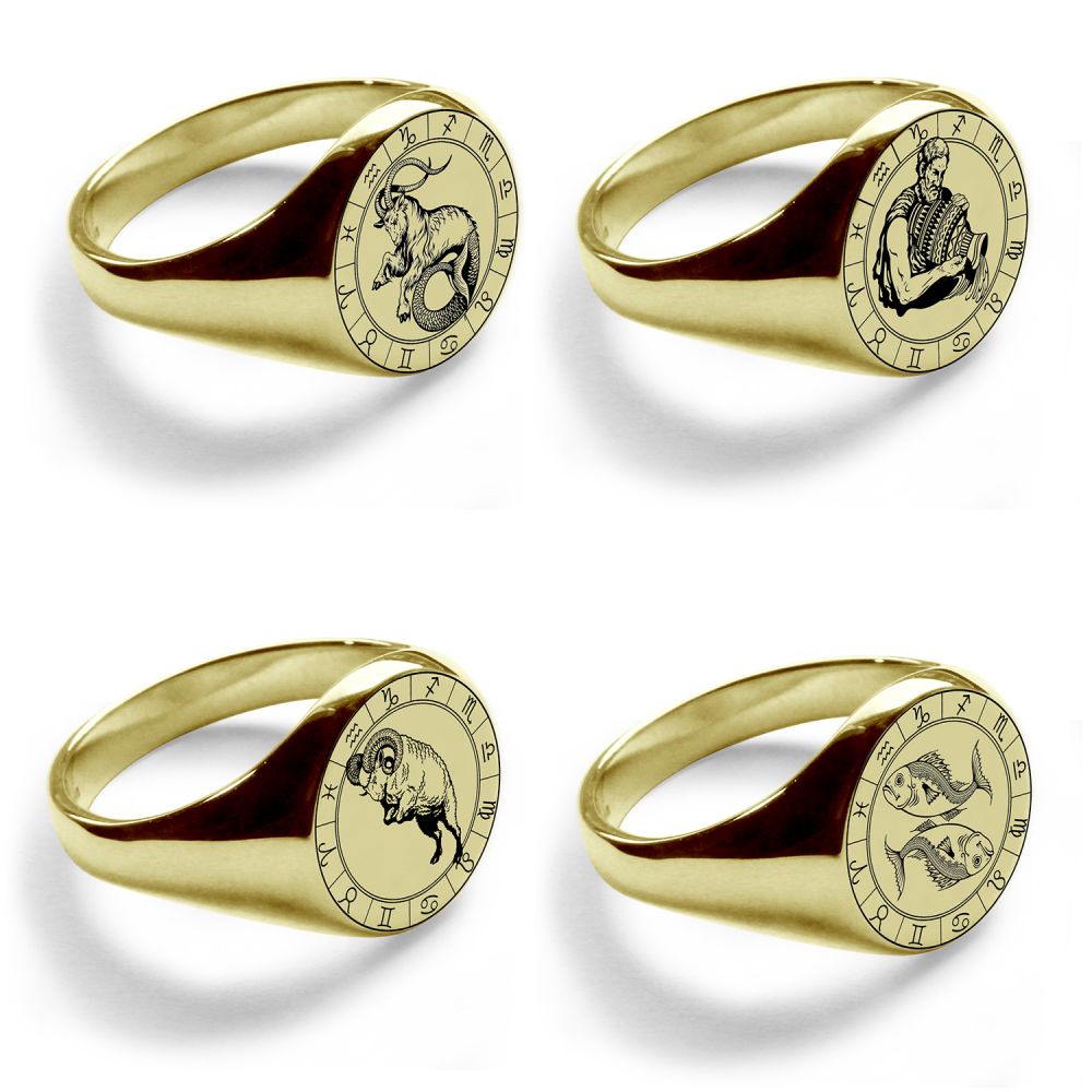 9ct Yellow Gold 13mm Round Your Zodiac Horoscope Signet Rings