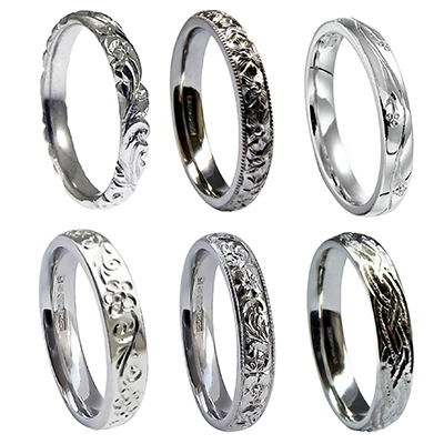 Vintage Hand Engraved 9ct white gold Court Shape Wedding Rings