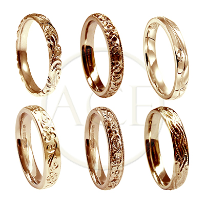 3mm 9ct Vintage Hand Engraved Red gold Court Shape Wedding Rings