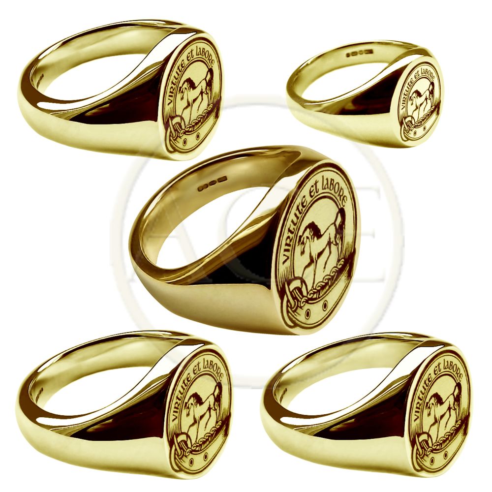 18ct Yellow Gold Laser Engraved Oval Family Crest Signet Rings
