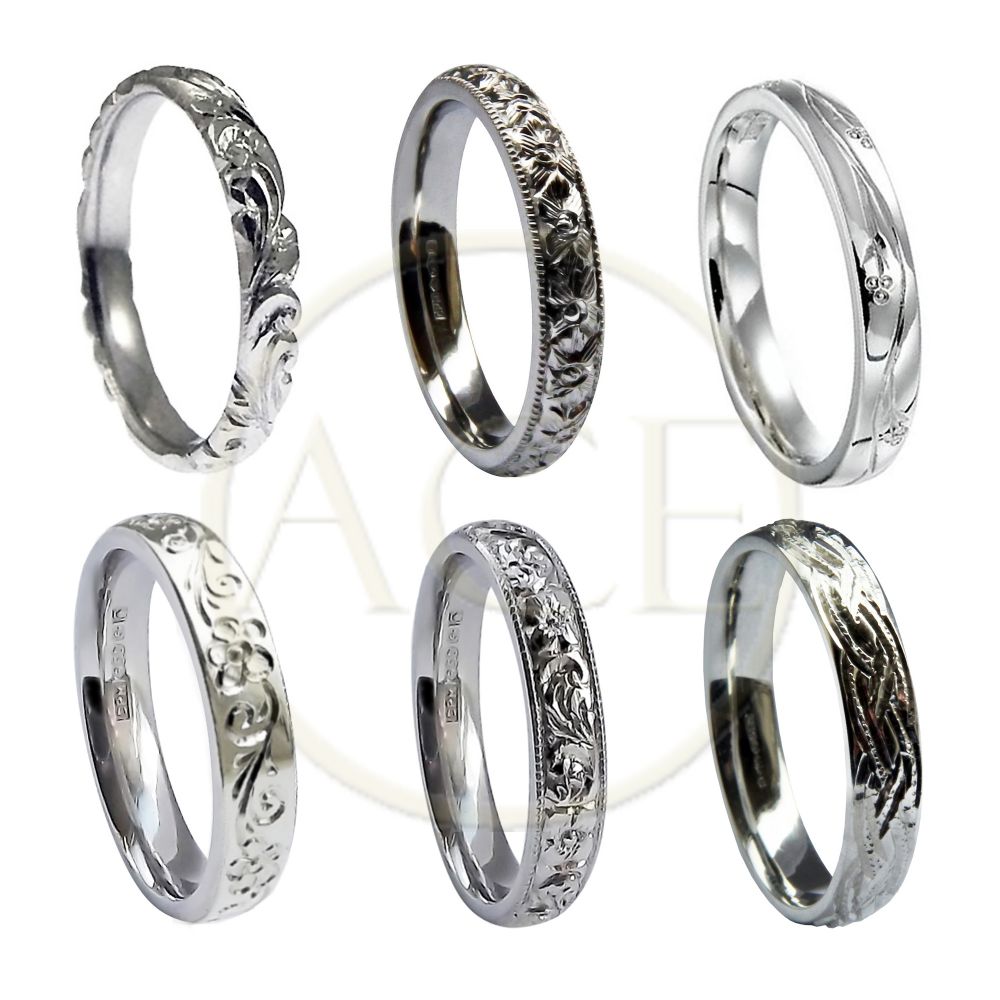 3mm 18ct White Gold Vintage Hand Engraved Heavy Court Wedding Bands