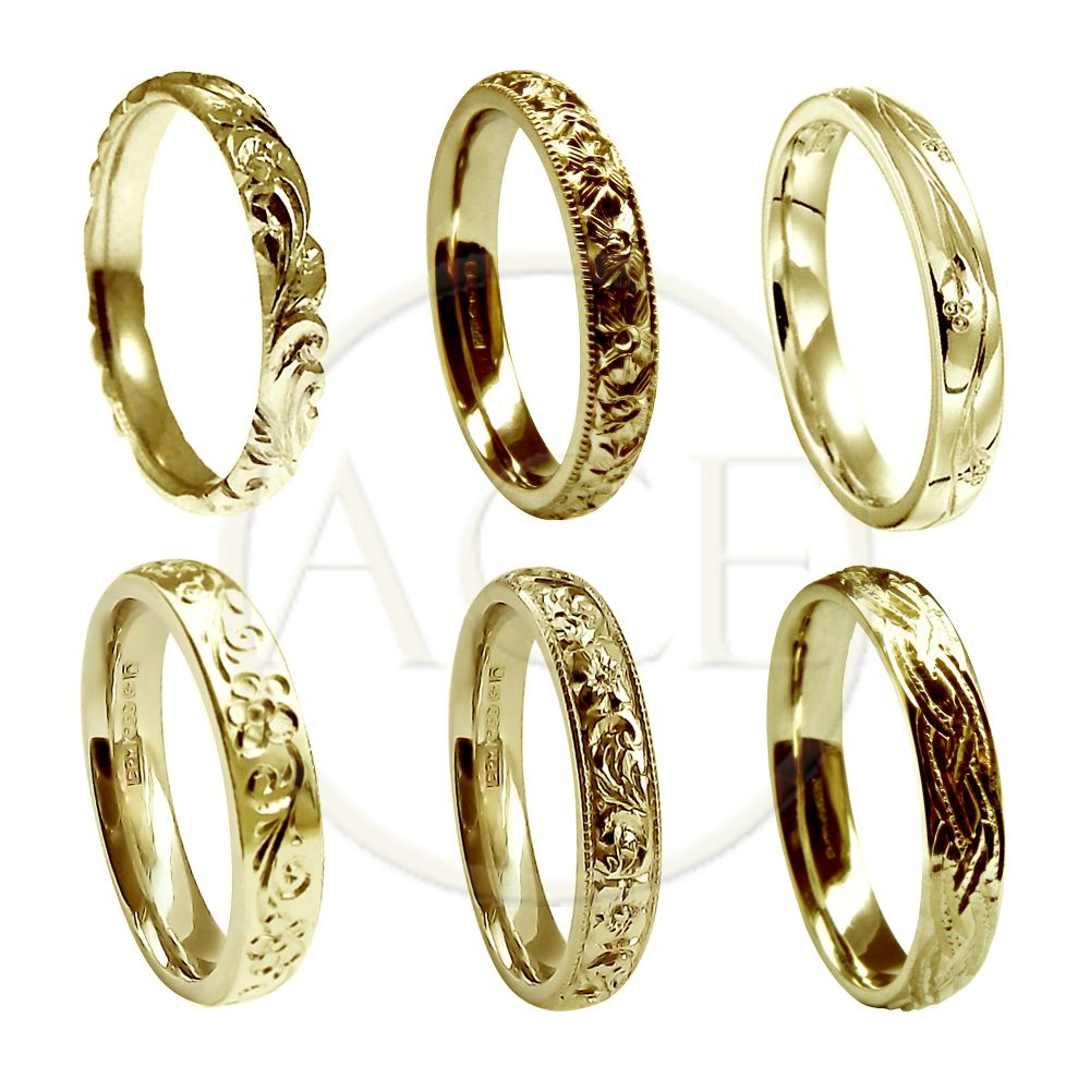 3mm 18ct Yellow Gold Vintage Hand Engraved Heavy Court Wedding Bands
