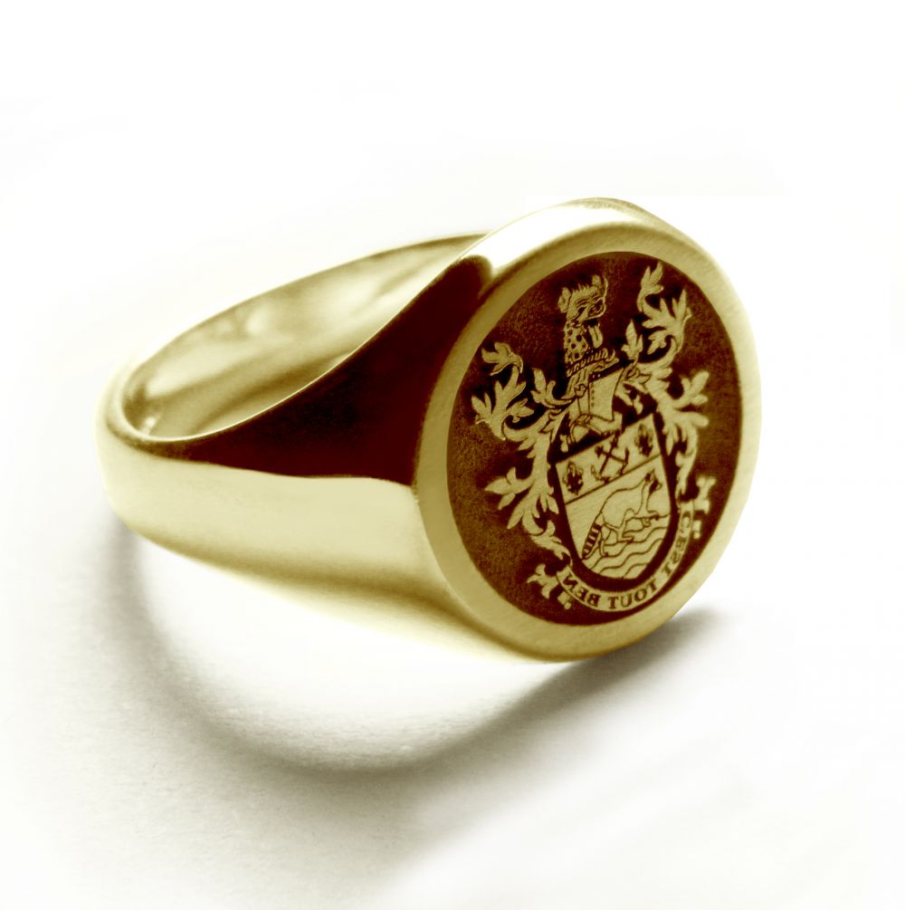 9ct Yellow Gold 13mm Round Laser Engraved Family Crest Signet Rings 7.6g