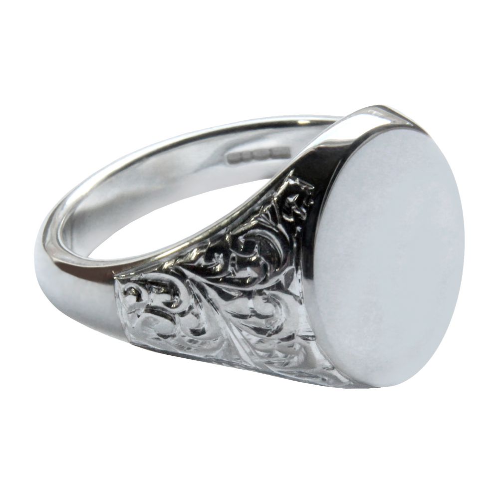 925 Sterling Silver Hand Engraved Oval Signet Rings 16 x 13 x 2.75mm