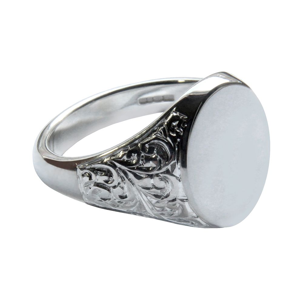 925 Sterling Silver Hand Engraved Oval Signet Rings 14 x 12 x 2.75mm