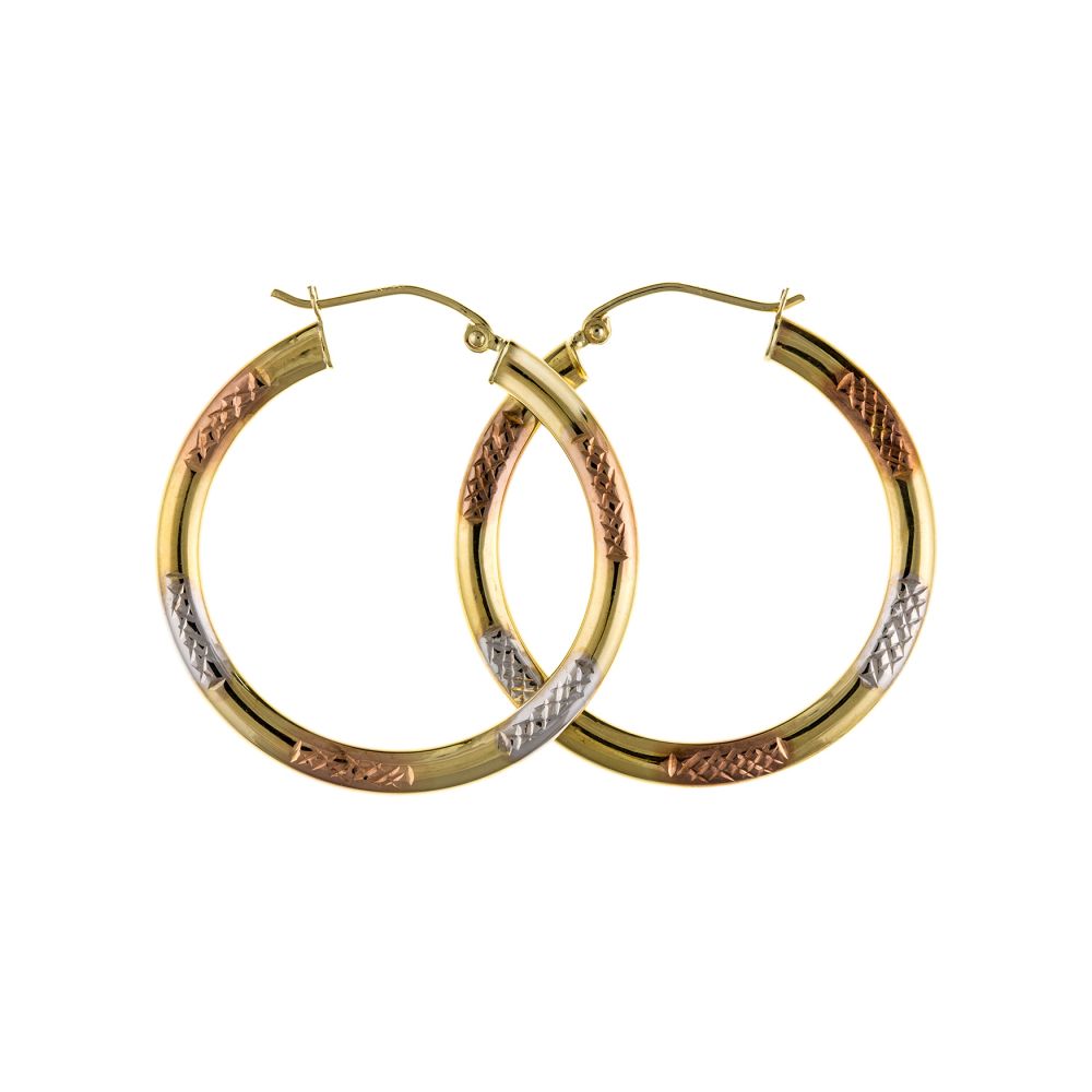 9ct 3 Coloured Gold Diamond Cut Creole Earrings With Lever Catches