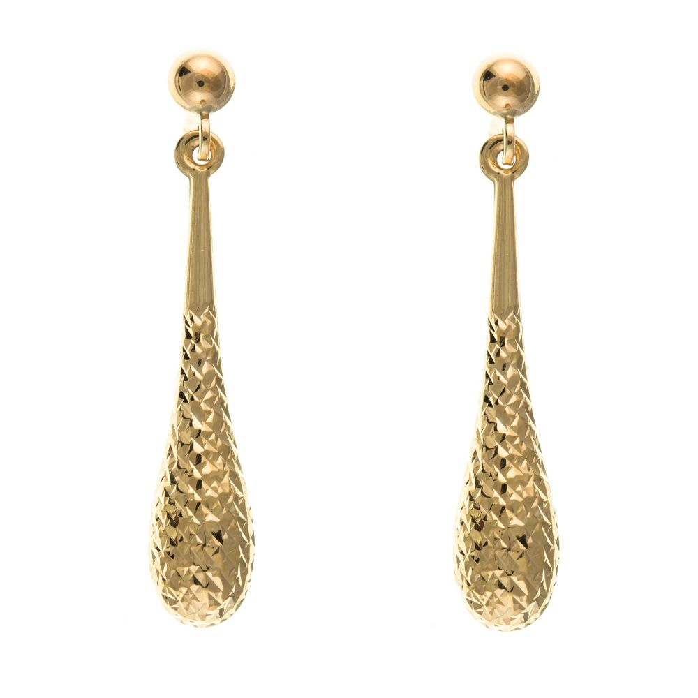 9ct Yellow Gold Textured Bomber Dropper Earrings With Posts