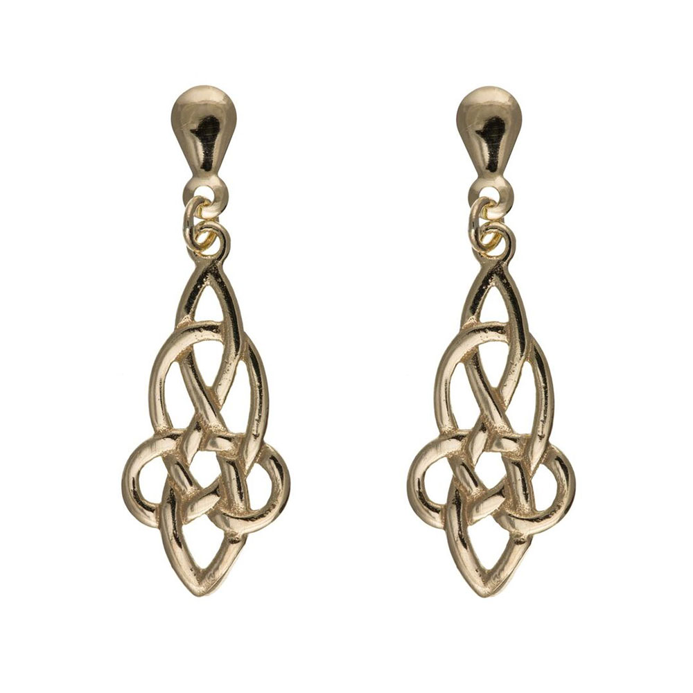 9ct Yellow Gold Celtic Design Drop Stud Earrings 27 x 10mm