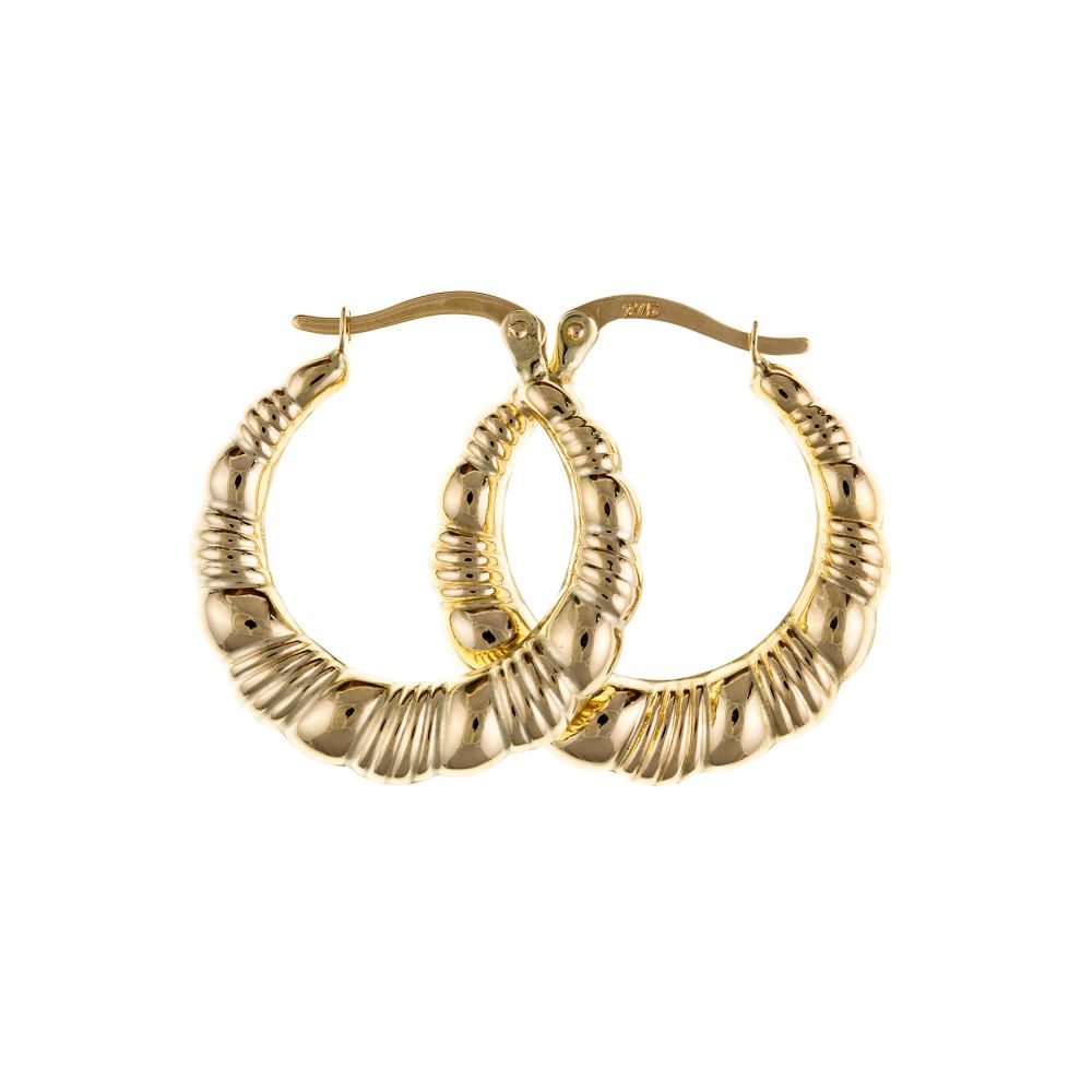 9ct Yellow Gold Patterned Creole Earrings With Lever Catches