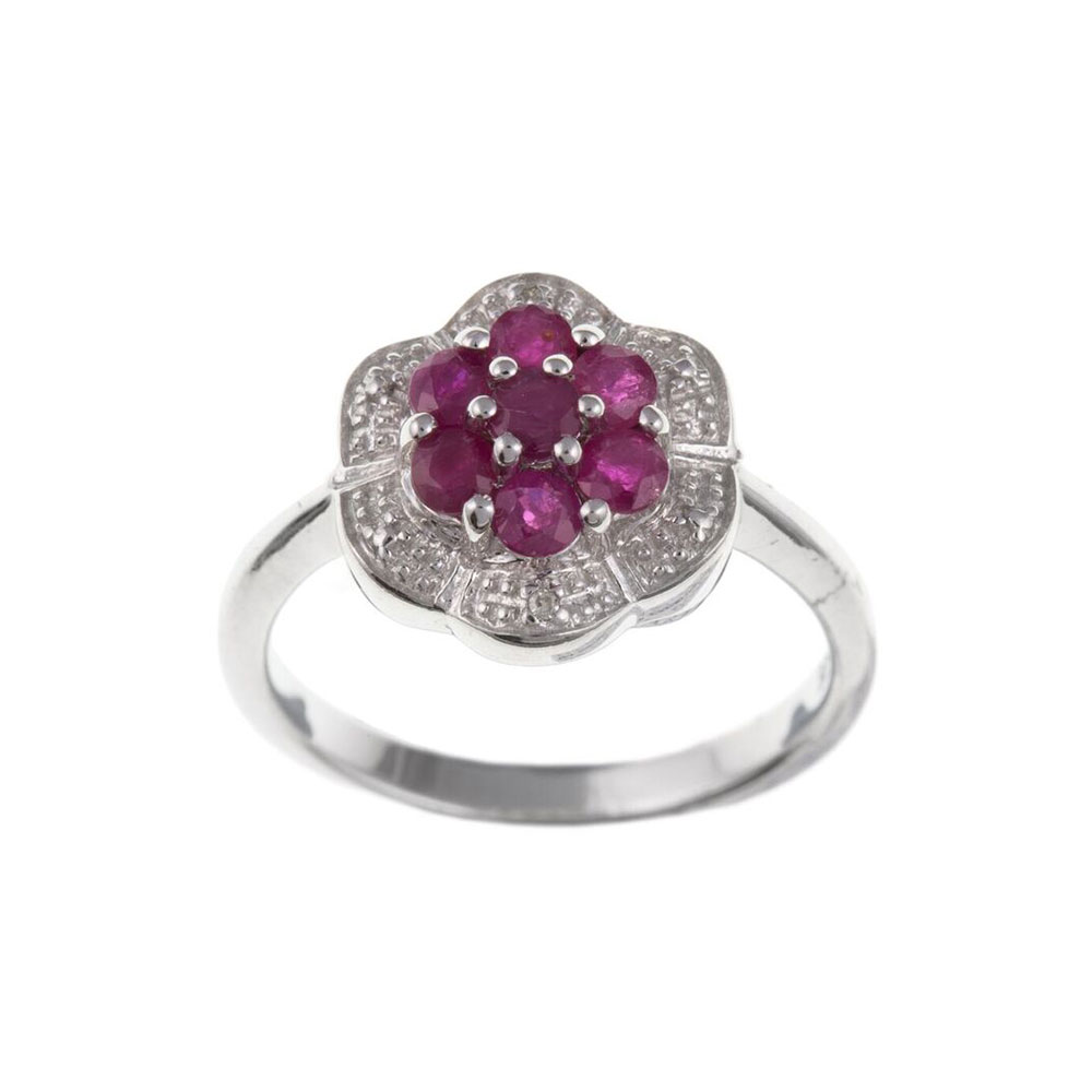 925 Sterling Silver Real Ruby and Diamond 12mm Cluster Dress Ring