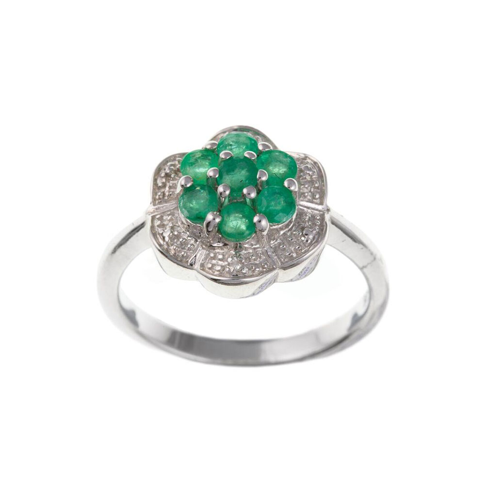 925 Sterling Silver Real Emerald and Diamond 12mm Cluster Dress Ring