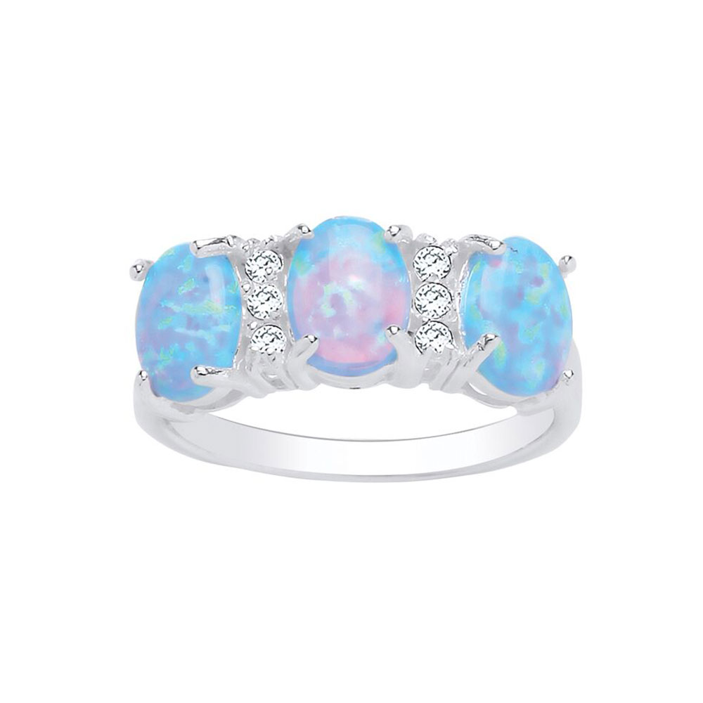 925 Sterling Silver Blue Synthetic 10mm Opal 3 Stone Dress Ring