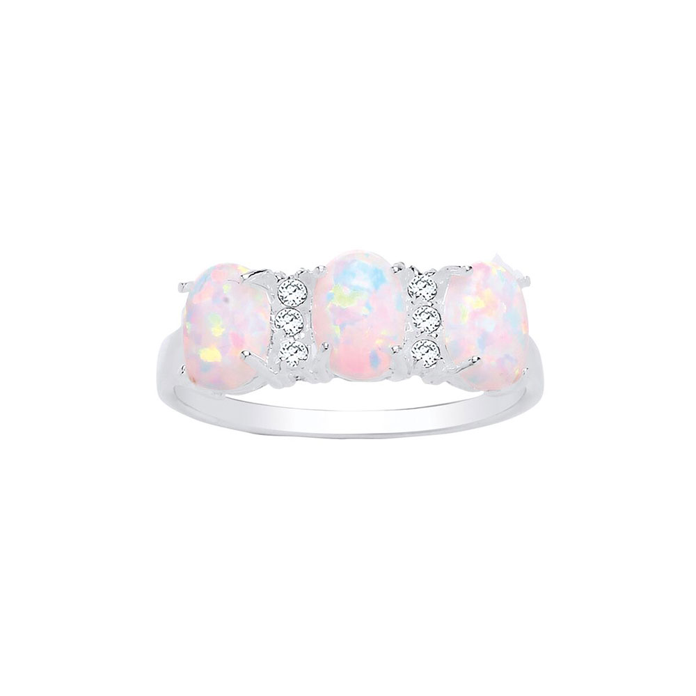 925 Sterling Silver Synthetic 10mm Opal 3 Stone Dress Ring