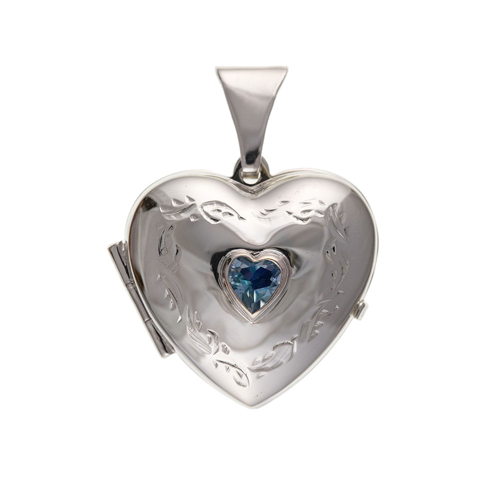 925 Sterling Silver Blue Topaz Set Heart Locket 25 x 20mm