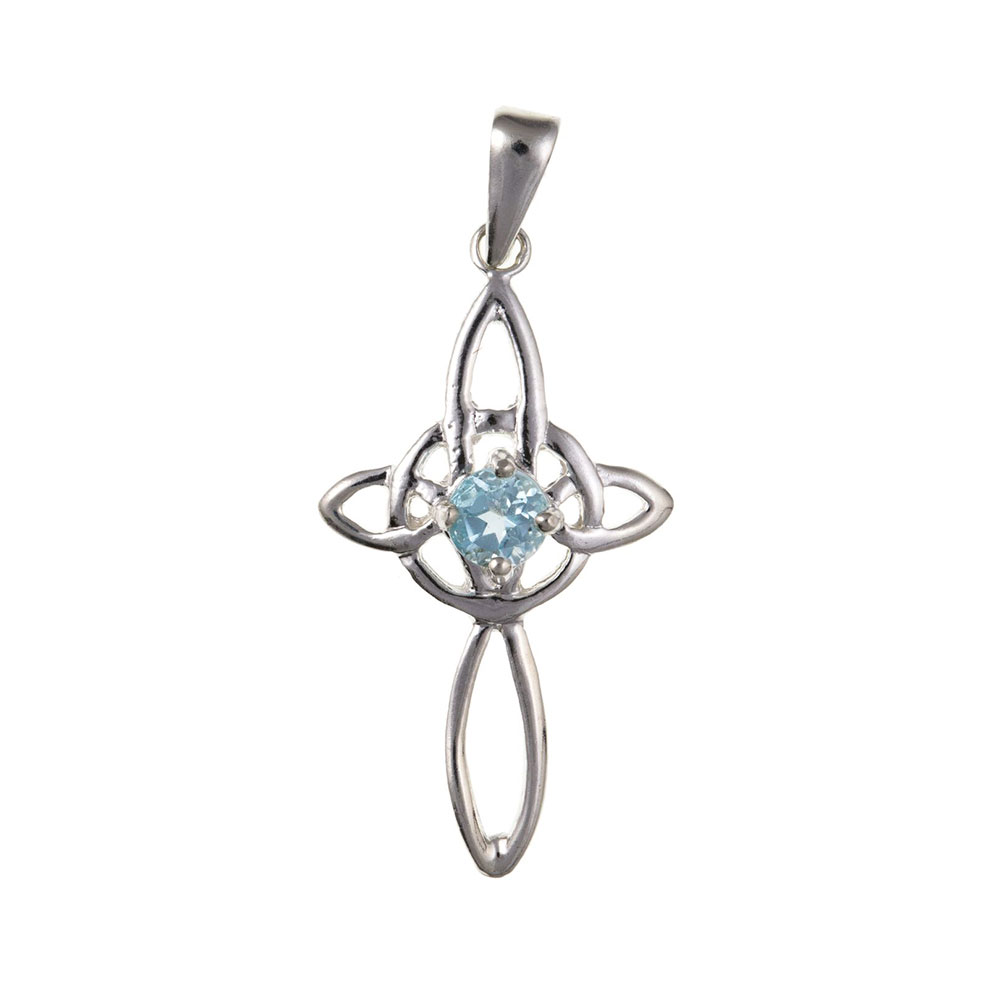 925 Sterling Silver and Real Blue Topaz Cross 30 x 13mm with Optional Hanging Chain