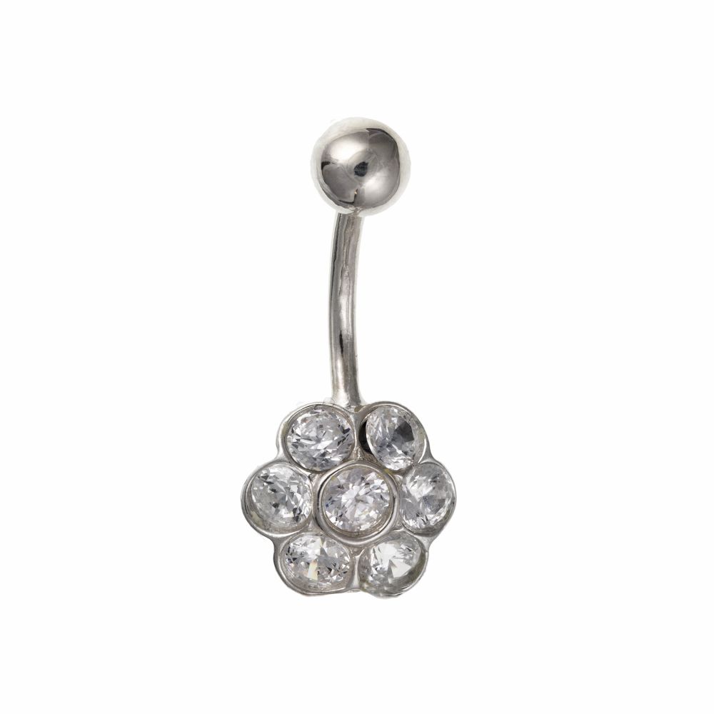 12mm Flower CZ And Sterling Silver Belly Bar