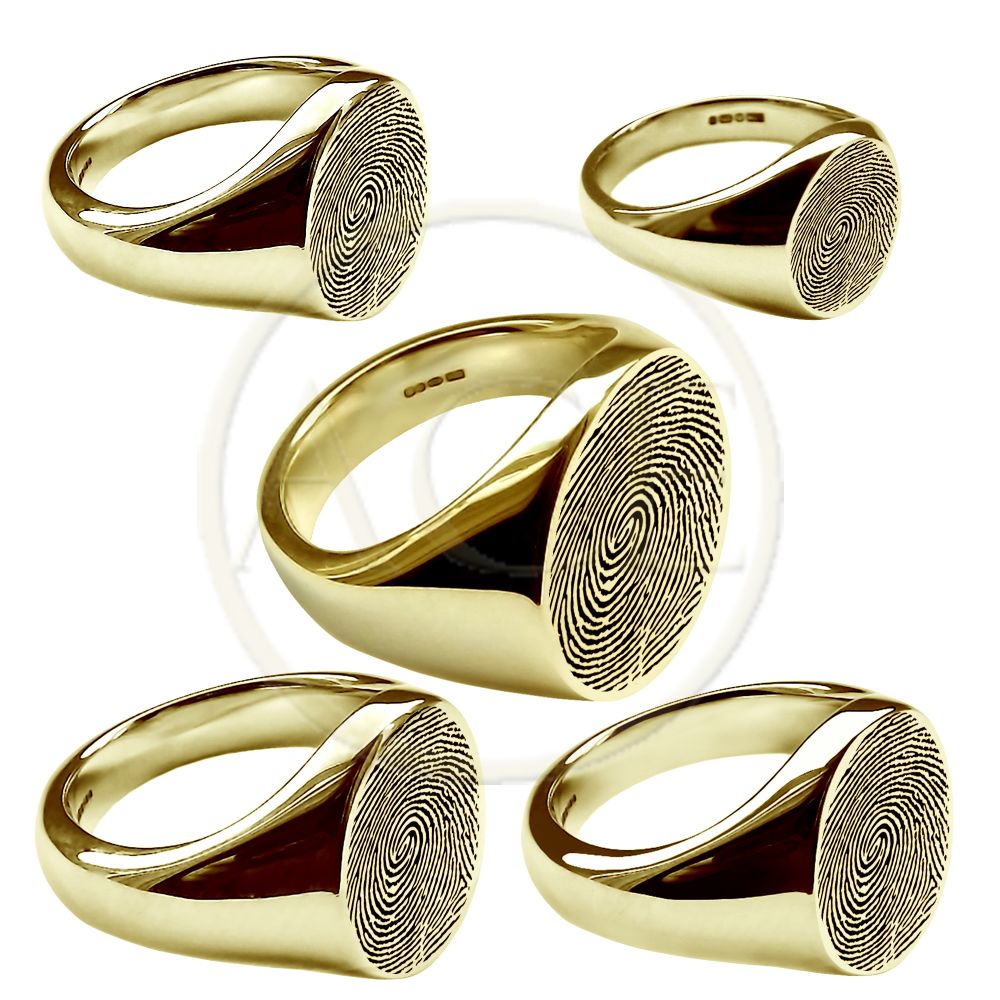 9ct Solid Yellow Gold Personalised Fingerprint Engraved Oval Signet Rings