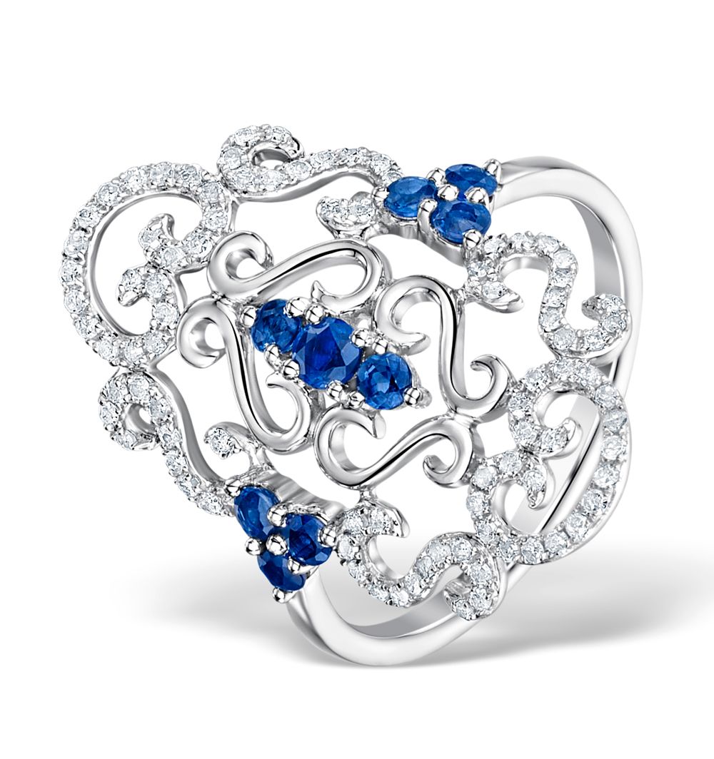 9ct White Gold 0.31cts Diamond & 0.50cts Sapphire Cluster Ring