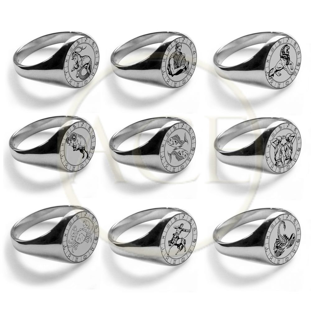 925 Silver 13mm Round Your Zodiac Horoscope Signet Rings